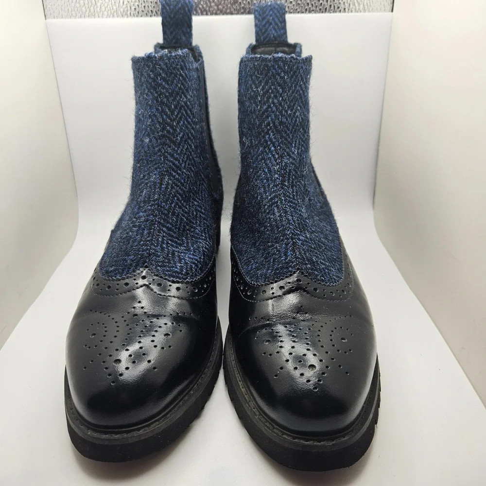 Johnston & Murphy Islander Chelsea Boots Women's 6 Black Leather Blue Tweed SZ 6